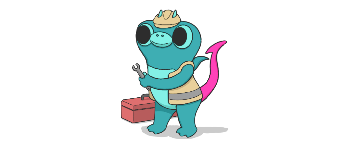 A drawing of Sparky the boldstart mascot dressed as a construction engineer, carrying a spanner.