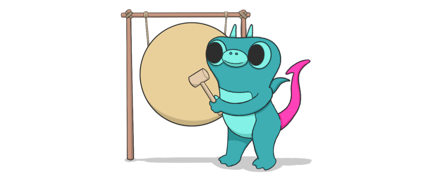 A drawing of Sparky the boldstart mascot about to hit a big gong with a hammer.