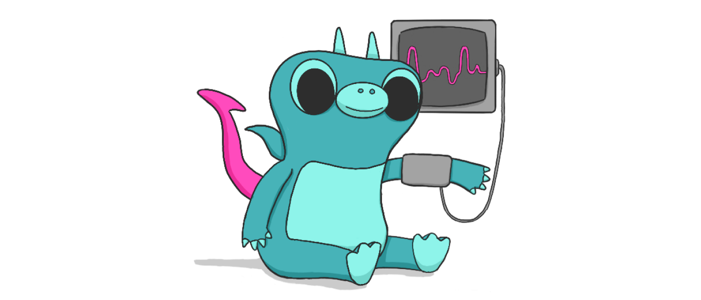 A drawing of Sparky the boldstart mascot hooked up to a pulse detector machine.