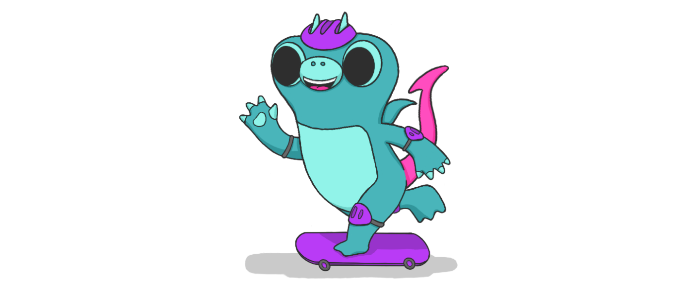 A drawing of Sparky the boldstart mascot riding a skateboard.