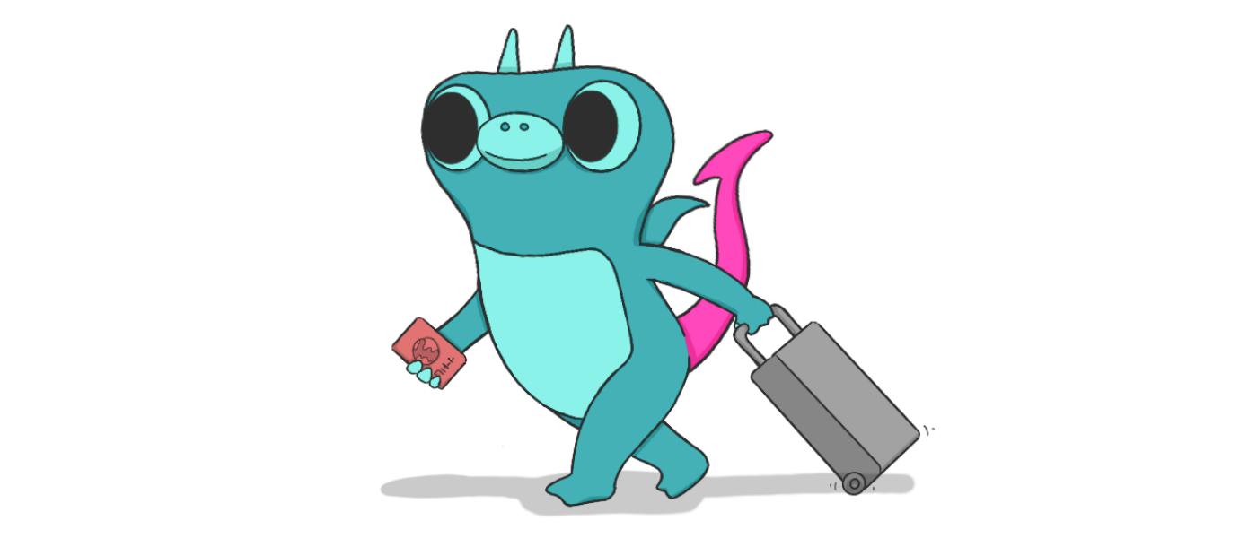 A drawing of Sparky the boldstart mascot pulling a wheeled suitcase.