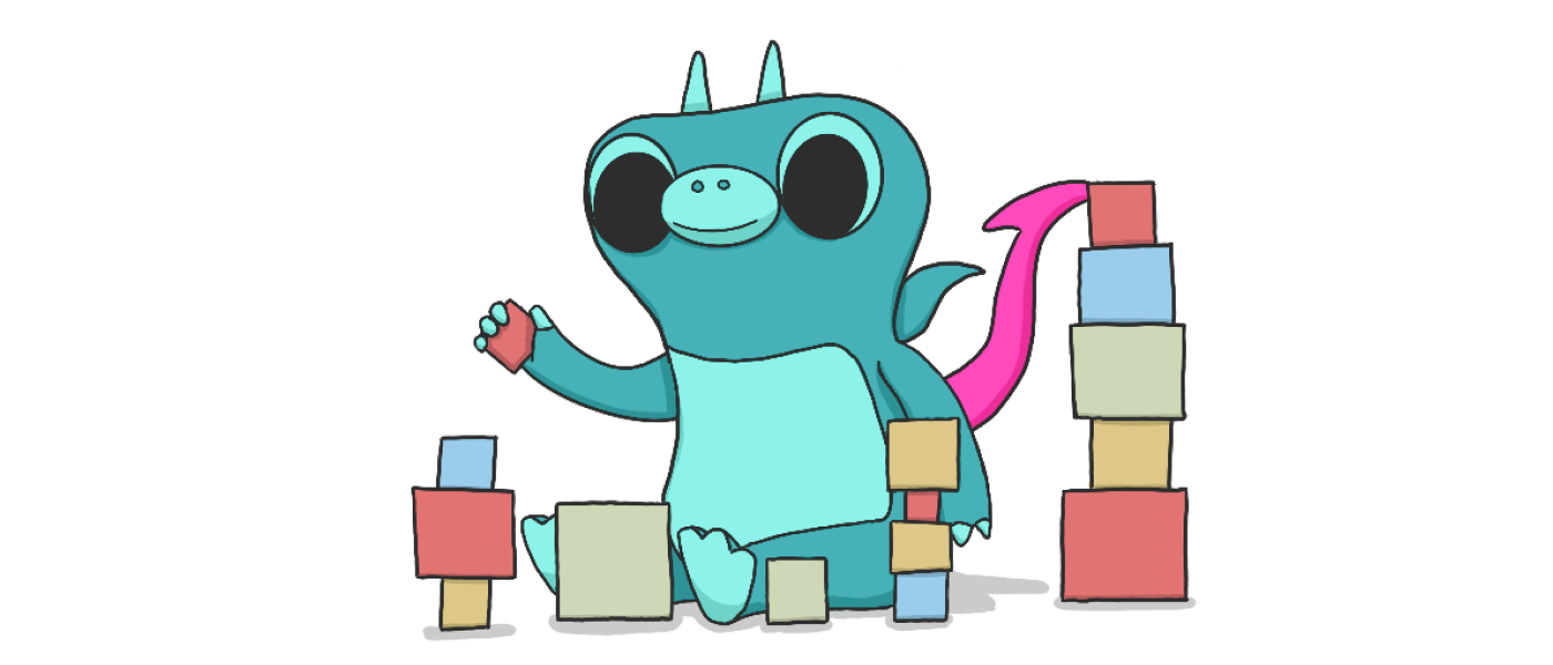 A drawing of Sparky the boldstart mascot playing with building blocks.