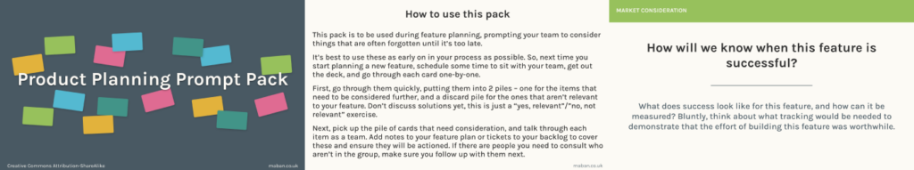 Screenshots of slides from the product planning prompt pack template deck.