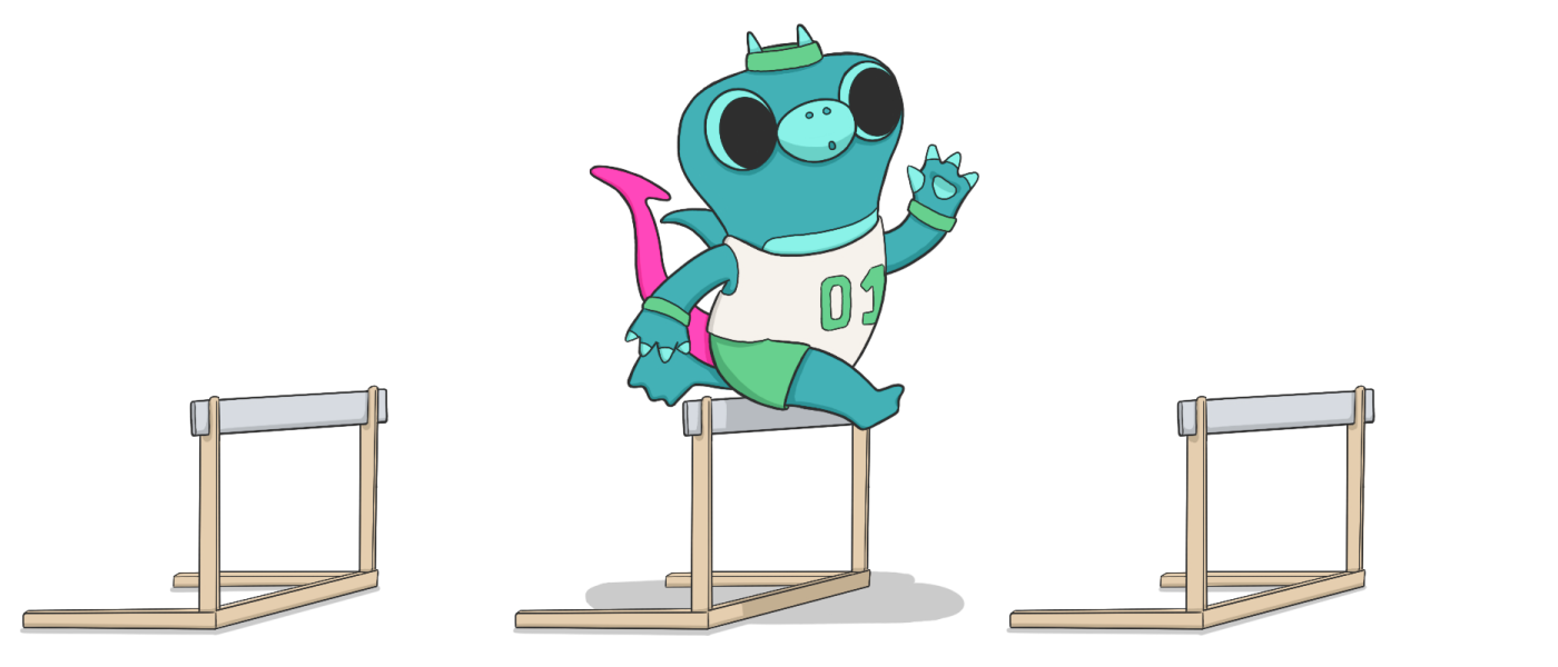 A drawing of Sparky the boldstart mascot jumping over the second of three hurdles.