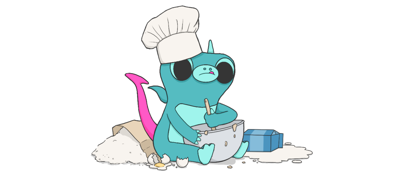 A drawing of Sparky the boldstart mascot baking and making a big mess.